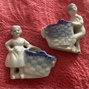 Vintage Procelain Delft Style Boy & Girl Toothpick Holders Occupied Japan
